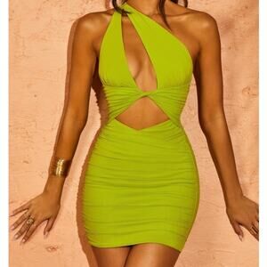 091 Oh Polly Neon Green Mini Dress Size 6 Bodycon Party Club